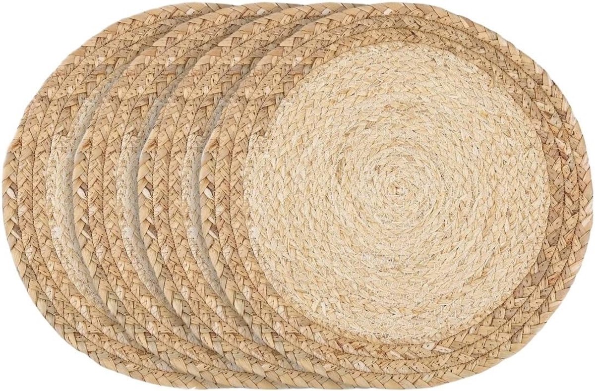 Placemats - Ronde Handgeweven Placemats - 38 cm - Natuurlijk Waterhyacint - Hittebestendig - Voor Keuken en Eettafel - Meerkleurig - 6 stuks