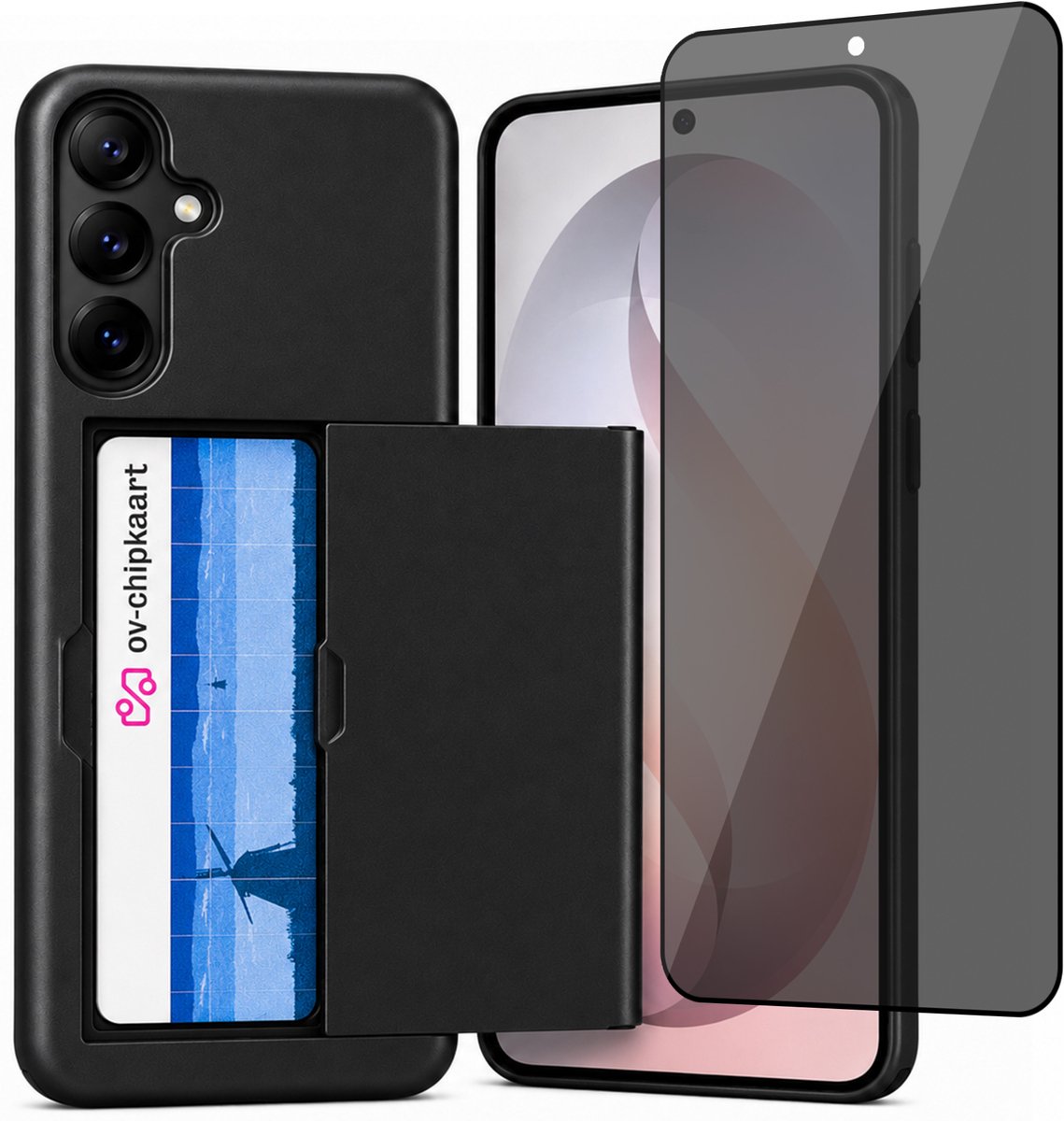 Hoesje met Pasjeshouder geschikt voor Samsung Galaxy S25 FE – Back Cover Slide Case – Zwart – Privacy Screenprotector – Anti Inkijk