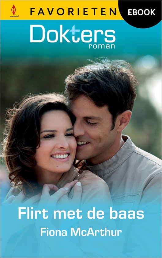Een man en vrouw die elkaar aankijken, de tekst "Doktersroman", "Flirt met de baas" en "Fiona McArthur" op de cover.