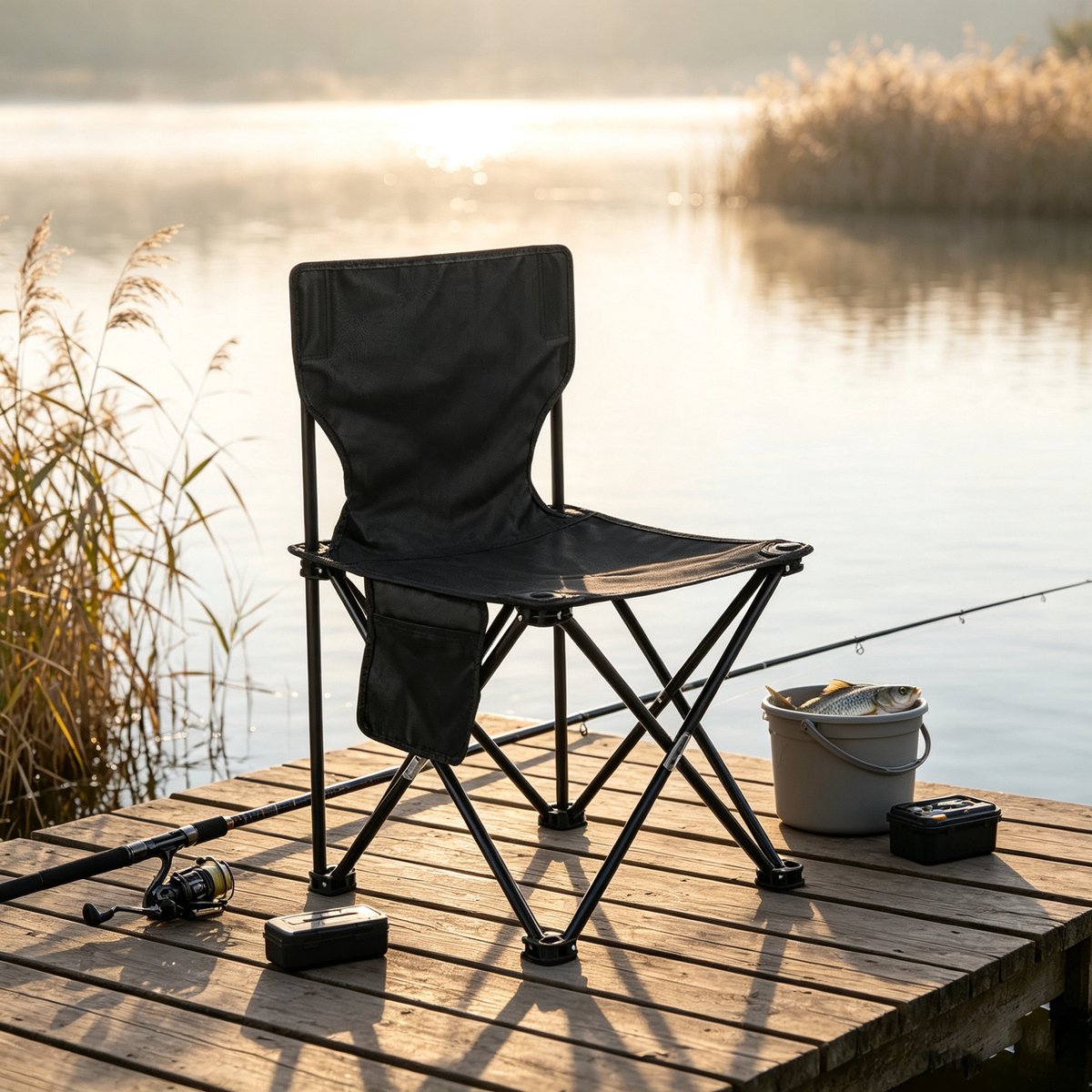 Zwarte extra grote (39x39 cm) opvouwbare campingstoel – ook geschikt om op te schetsen – voorzien van een zijvak een draagbare opvouwbare stoel die ideaal is voor kamperen vissen en gebruik in de tuin