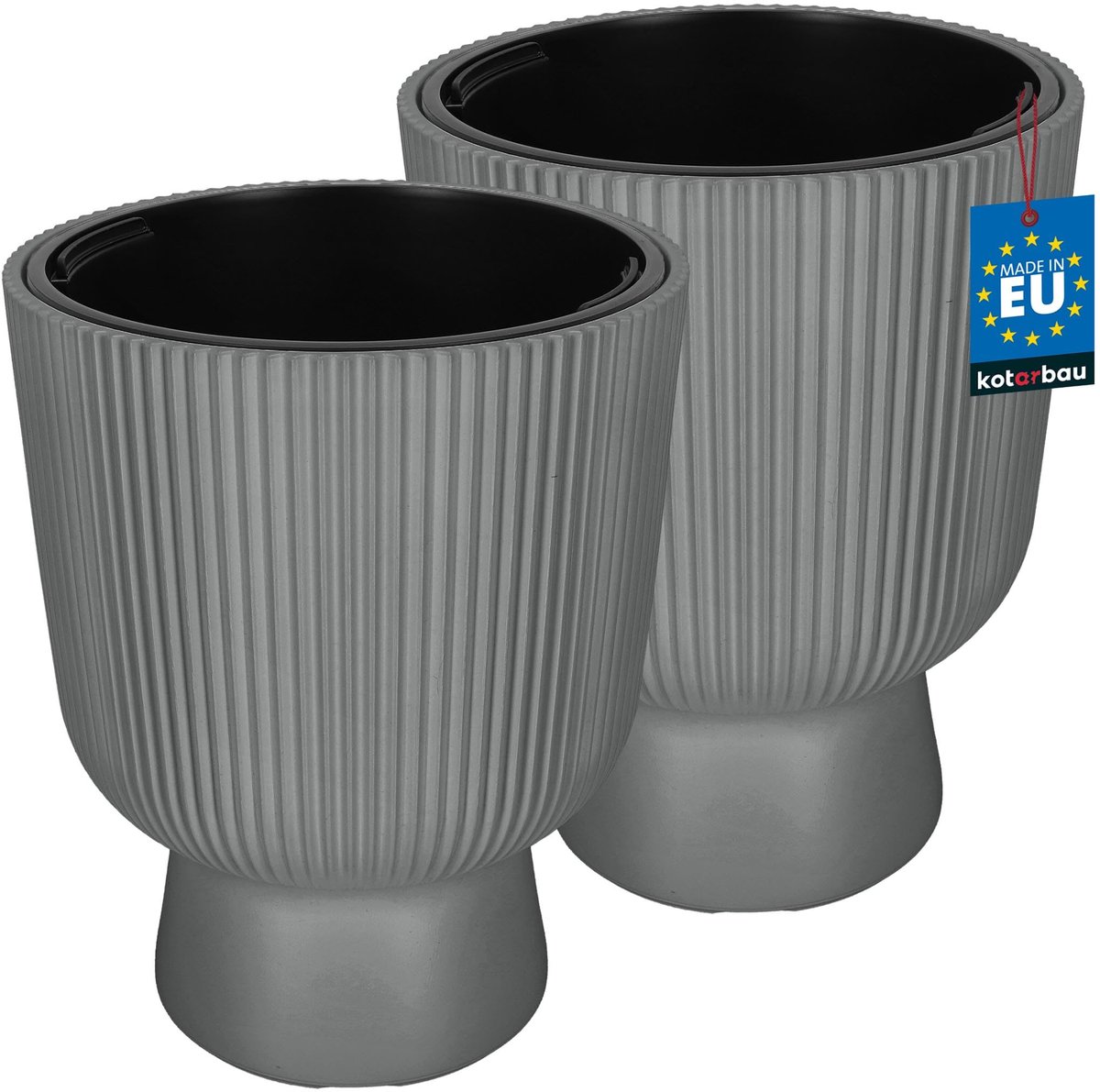 KOTARBAU® 2 Stuks - Bloempot - Plantenpot Ø 39 cm - met Binnenpot - Geribbelde Plantenbak - Plantenpot met Voet - Plantenbak - Kunststof - H: 49 cm - Grijs