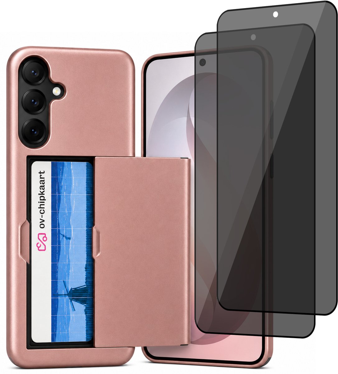 Hoesje met Pasjeshouder geschikt voor Samsung Galaxy S25 FE – Back Cover Slide Case – Roségoud – 2 Stuks Privacy Screenprotector – Anti Inkijk