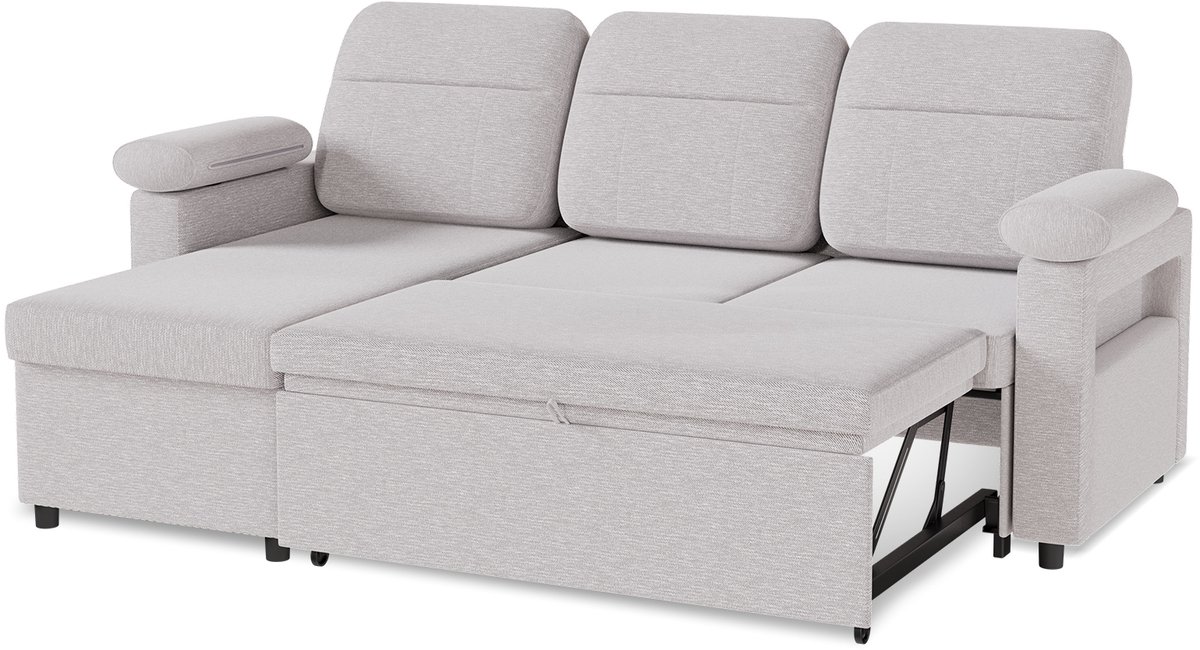 Hoekbank met Slaapfunctie en Opbergruimte – Uitschuifbare L-vormige Slaapbank, 204 × 143 × 90 cm, Binnenvering, Links of Rechts Monteerbaar, Linnen Stof, Telefoon- en Bekerhouder