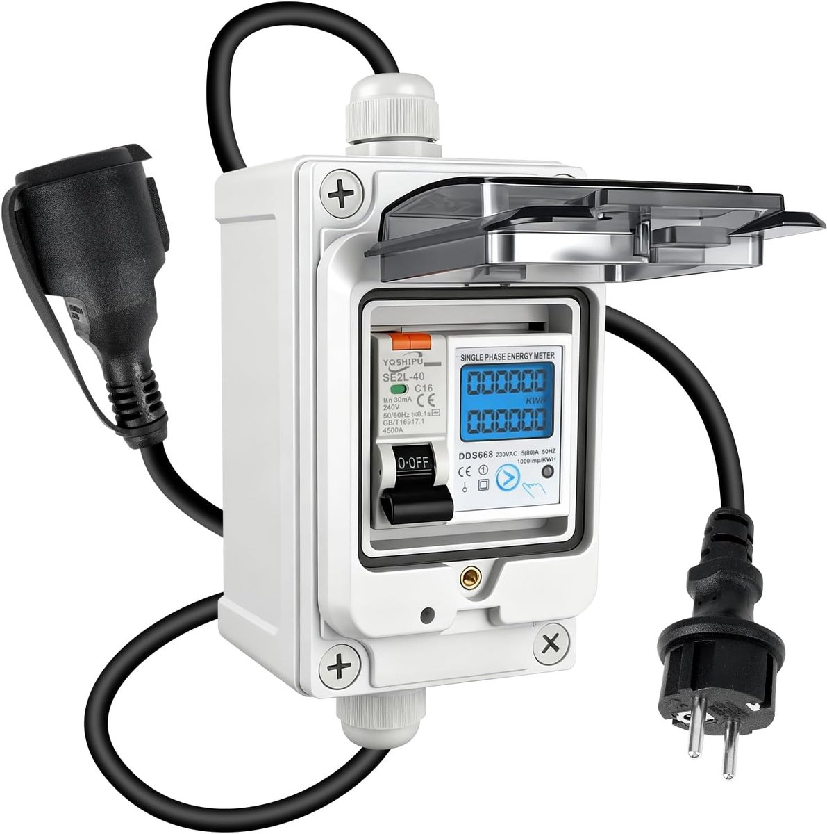 SnelShoppen - Mobiele Digitale Stroommeter met CEE Stekker/Coupler, 3 Fasen, 16A, 230V, Veiligheidsschakelaar, IP67 Schuko Stekker, Industrieel, LED S