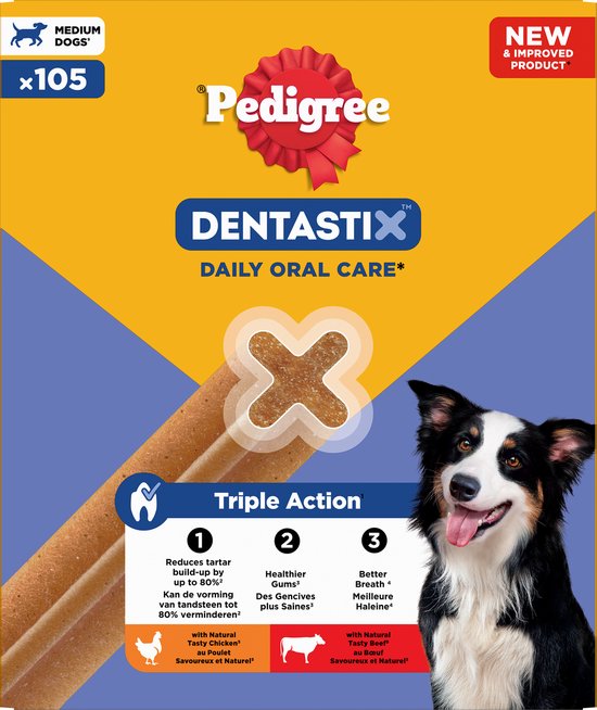 Doos Pedigree Dentastix voor middelgrote honden, 105 stuks, met een lachende bordercollie en kip/rund indicatie.