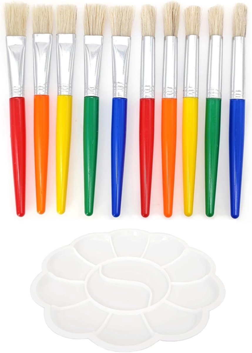 SnelShoppen - 10x Kinderschilderkwasten Set met Palet, Wasbare Natuurlijke Borstels voor Kinderen/Toddler/Beginners, Ronde en Platte Kwasten voor Krij