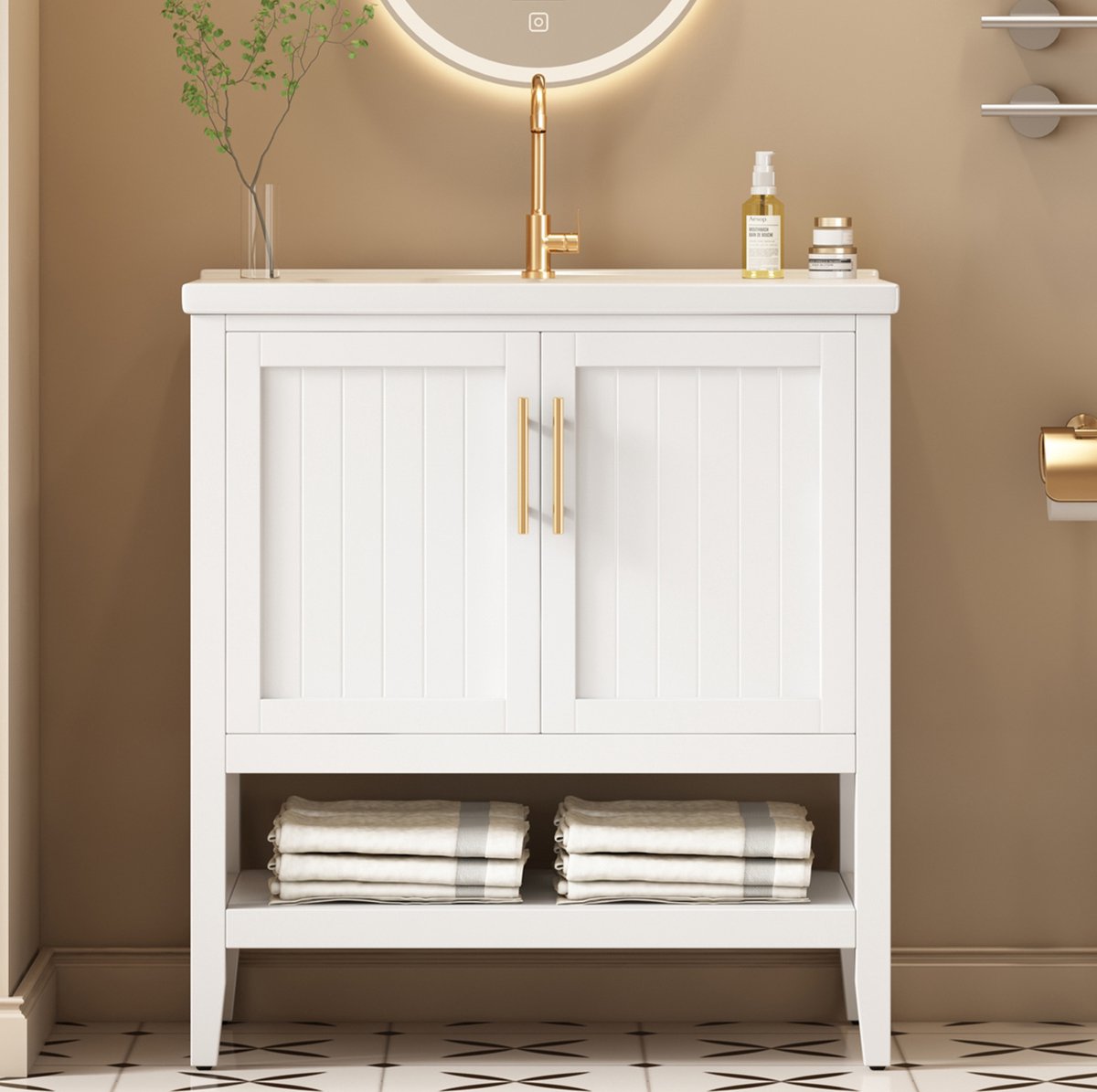 FloraGrace Badkamer Wastafelmeubel - Keramische Wastafel En Onderkast - Staand Model Voor Badkamer - MDF - Wit - 80 Cm
