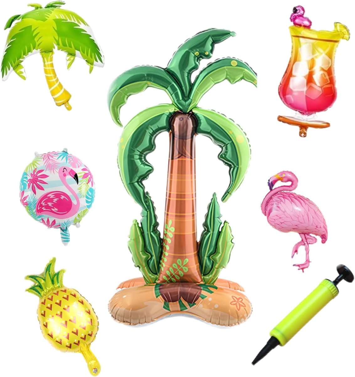 SnelShoppen - 180cm Opblaasbare Kokosnootboom Set met 5 Hawaiiaanse Folie Ballonnen en Luchtpomp - Ultieme Zomer Luau Decoratie voor Zwembadfeesten en