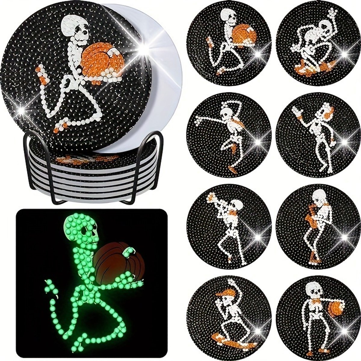 YYchan DIY Diamond Painting Onderzetters Set - 8 Stuks met Houder - Handgemaakt & Hittebestendig - Pakket Volwassenen en Kinderen - Halloween Skeletjes
