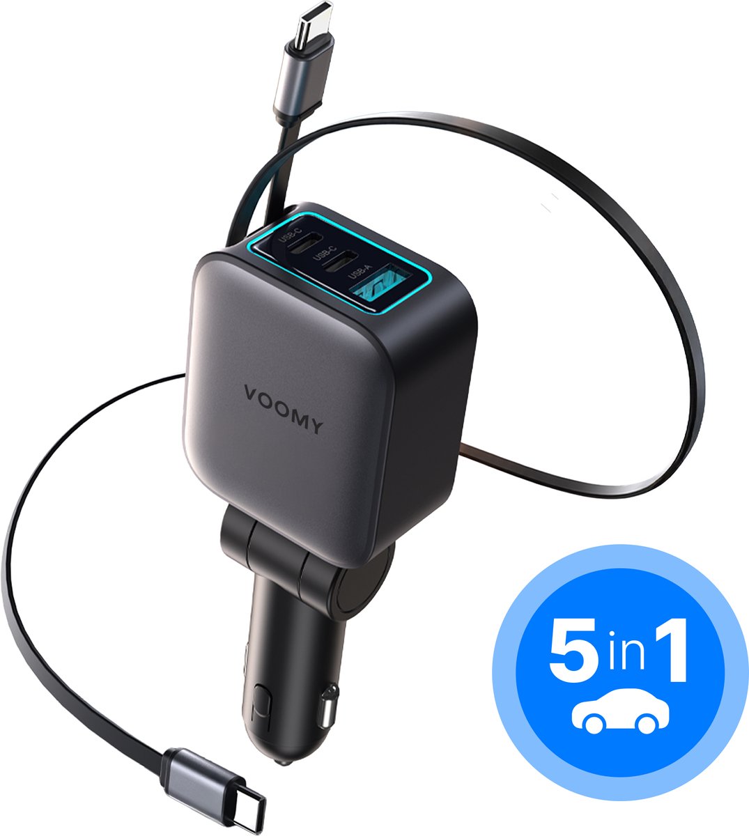 Voomy 5-in-1 Autolader - USB-C 102W - Snellader met 2 Uitrekbare USB-C Kabels - Auto Oplader met USB C & USB A - 5 Aansluitingen - 12V/24V Sigarettenaansteker - 180° Draaibaar