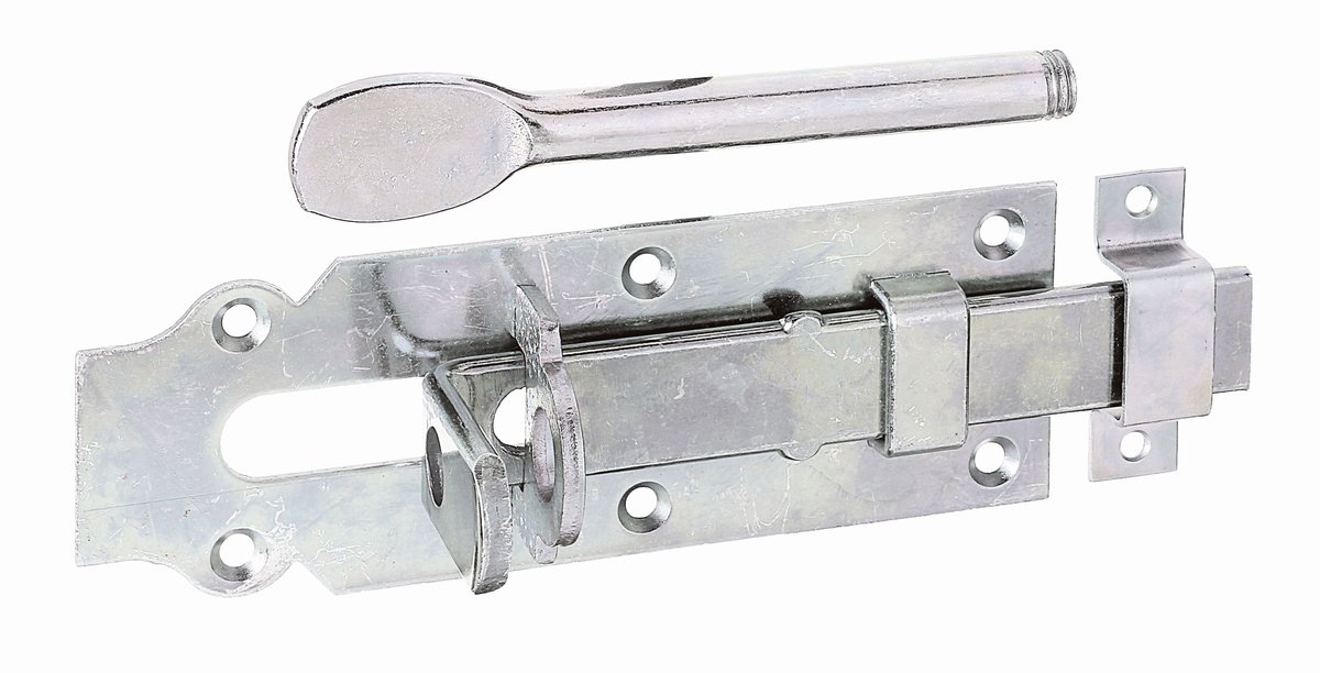 Alberts 117184 staldeur-sluitgrendel | recht, met platte greep en bevestigde lus | galvanisch verzinkt, gechromateerd | plaat 160 x 56 mm