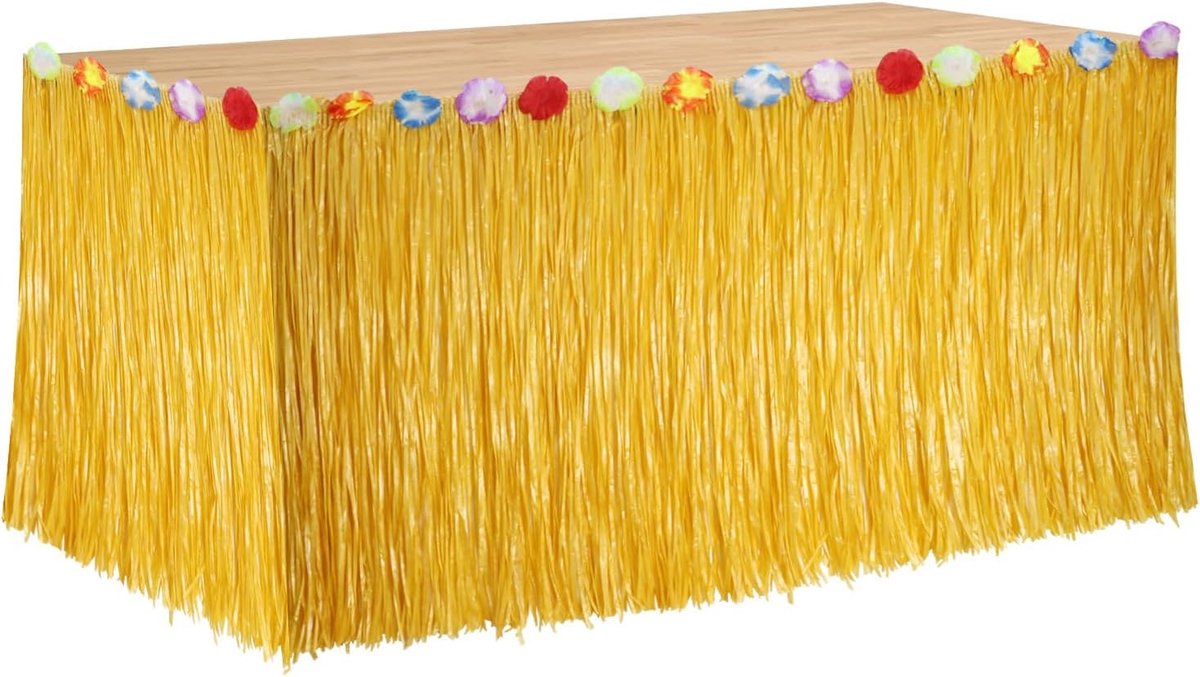 Luau Grass Table Skirt Hawaiian Party Decoration Hawaiian Table Skirt 75 x 275 cm with Hibiscus Flowers Straw Yellow - ShopVlot