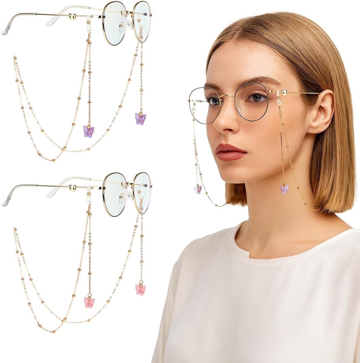 SnelShoppen - Pack van 2 Brilkettingen, Antislip Brilkettingen met Vlinder Hanger, Brilketting voor Vrouwen en Mannen, Leesketting voor Iedereen, Modi