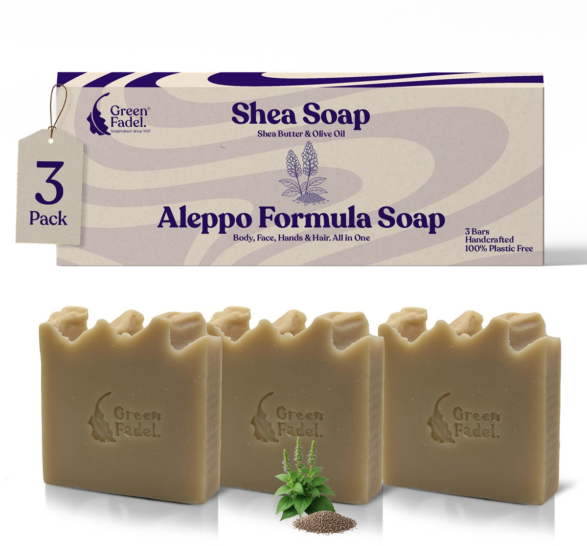 GREEN FADEL Aleppo Formula Zeep Olijfolie en Sheaboter 3x ca. 100 g - Alles-in-één zeep voor gezicht lichaam handen en haar - Handgemaakt - Plasticvrij verpakt