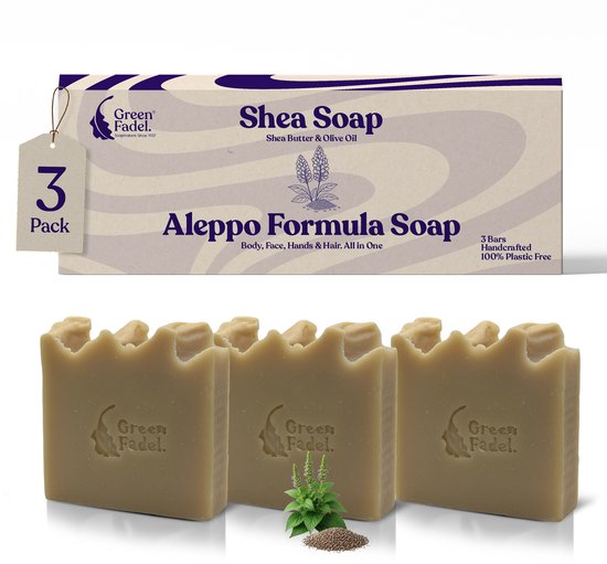 3 barres de savon formule Alep emballées, avec le logo vert "Green Fadel" et 'Shea Soap'.