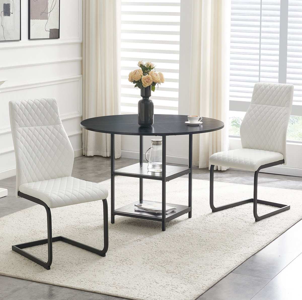 REDOM- Set tafel en stoelen - Ronde eettafel met dubbele opbergniveaus - Metalen frame - Industrieel - Voor eetkamer - 107 cm - 2 stoelen