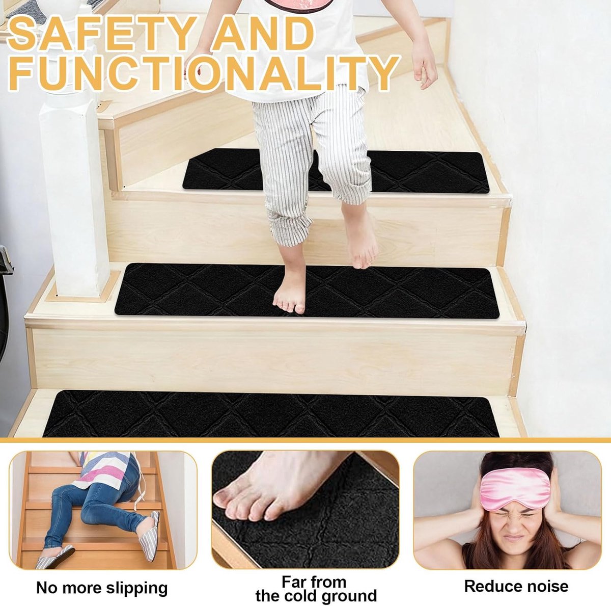SnelShoppen - Trapmatten Set van 15 Zelfklevende Antislip Herbruikbare Trapmatten voor Bescherming van Huisdieren en Ouderen Kinderen (Zwart, 55 cm x