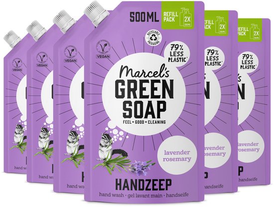 Drie paarse navulverpakkingen van Marcel's Green Soap met lavendel en rozemarijn. 6 x 500ml.
