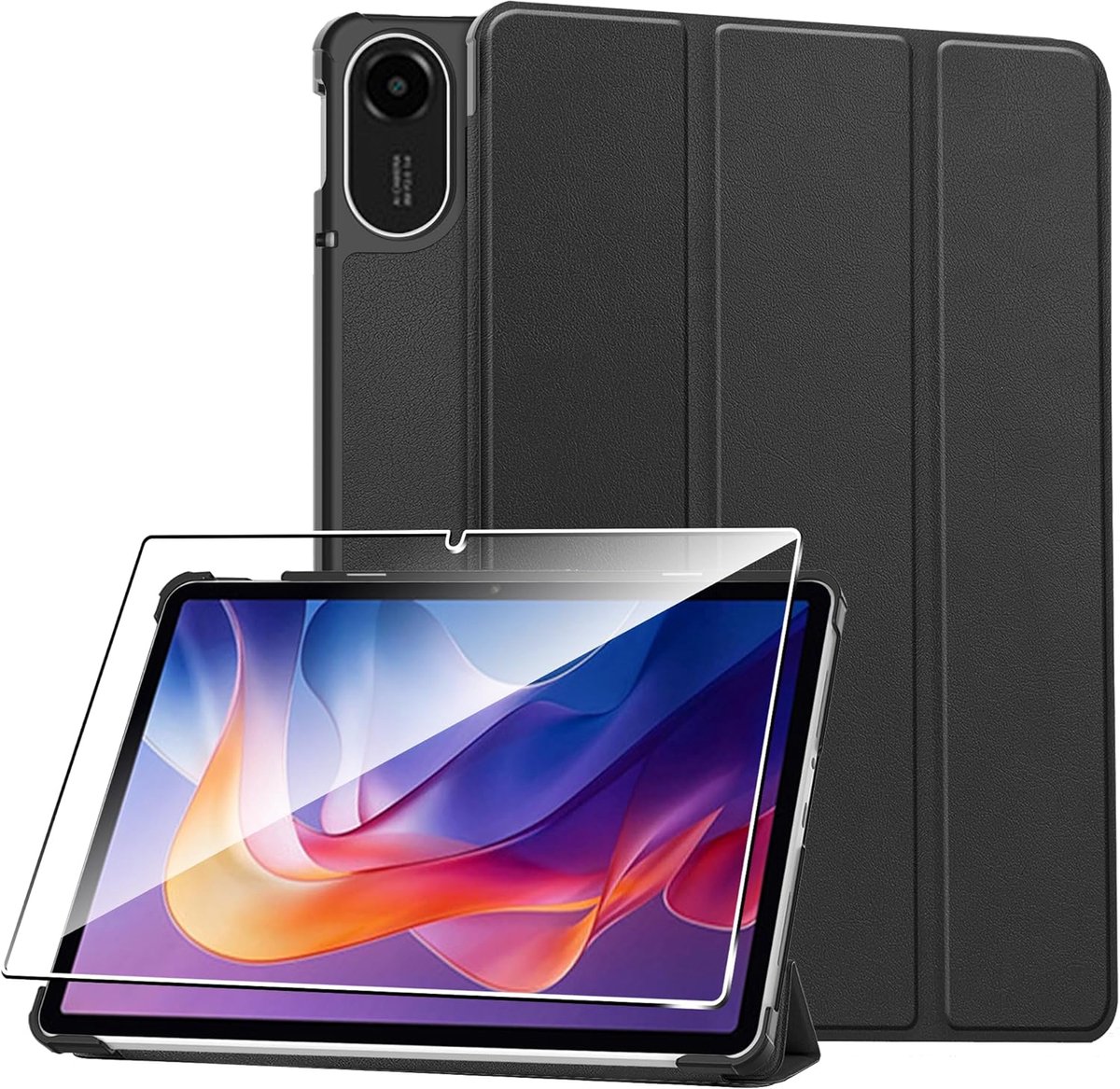 SnelShoppen - Beschermhoes Geschikt voor Xiaomi Redmi Pad 2 11 Inch 2025 + 1 Stuk Gehard Glas Screen Protector, Slimme Leer Beschermhoes met Stand, Zw