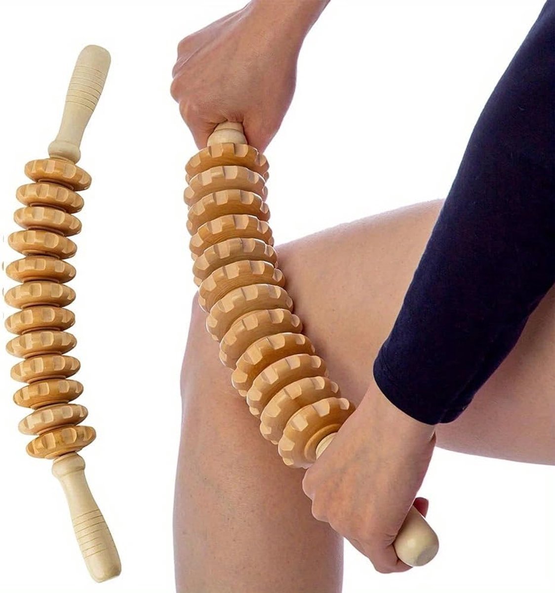 SnelShoppen - Fascia Roller van Hout, 43 cm Lang, Beukenhout, Massage voor Lichaam en Benen, Trigger Point Therapie, Ergonomische Handvatten