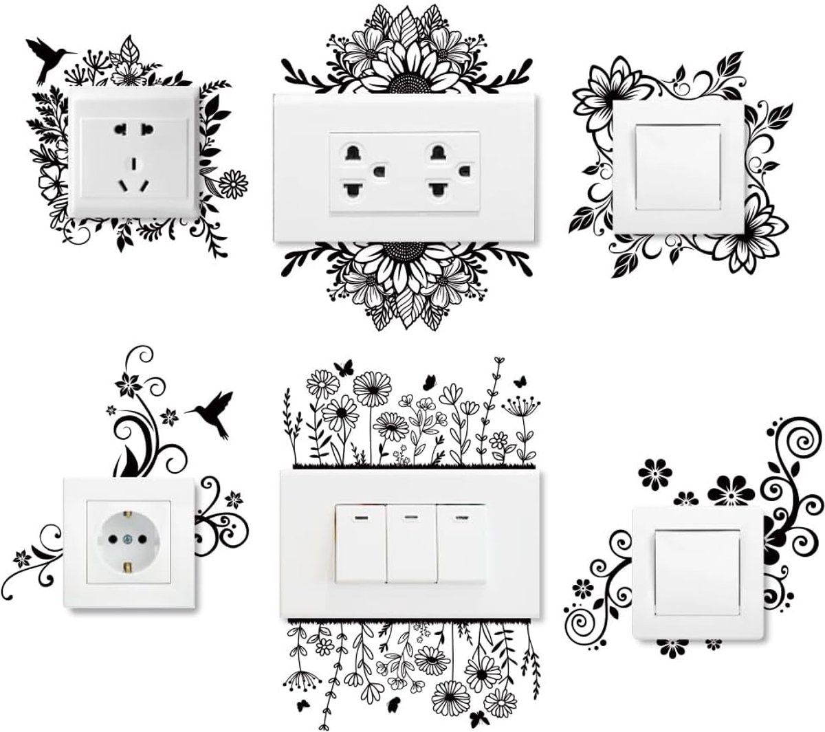 SnelShoppen - 6 Soorten Planten en Bloemen Wandstickers, Zonnebloemen Muurstickers Vlinder Schakelaar Decals voor Lichtschakelaar Plafond Muur Ledge S