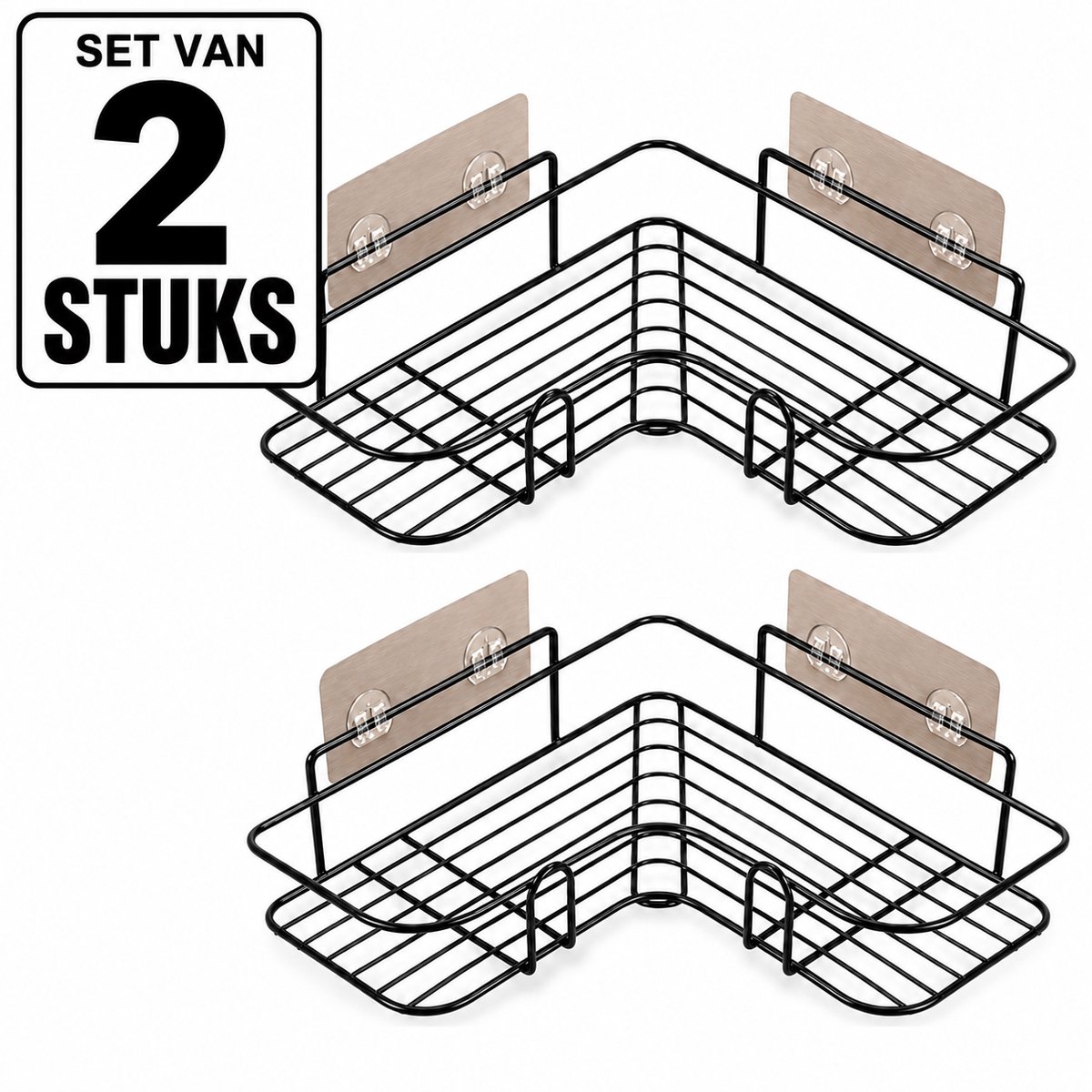 Floressa Doucherek Hoek Set van 2 – Doucherek Zonder Boren – Extra Sterk Zelfklevend – Roestvrij Badkamerrek – Zwart