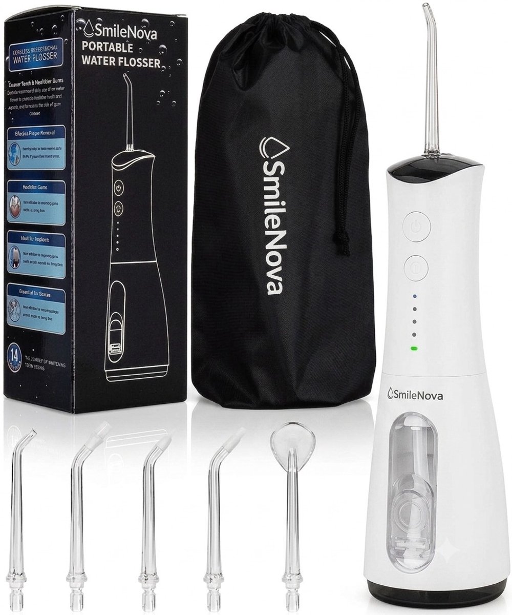 SmileNova Waterflosser - Draadloze Monddouche - Flosapparaat met Instelbare Waterdruk - USB-C Oplaadbaar - 6 Opzetstukken - Voor Beugel, Implantaten & Gevoelig Tandvlees