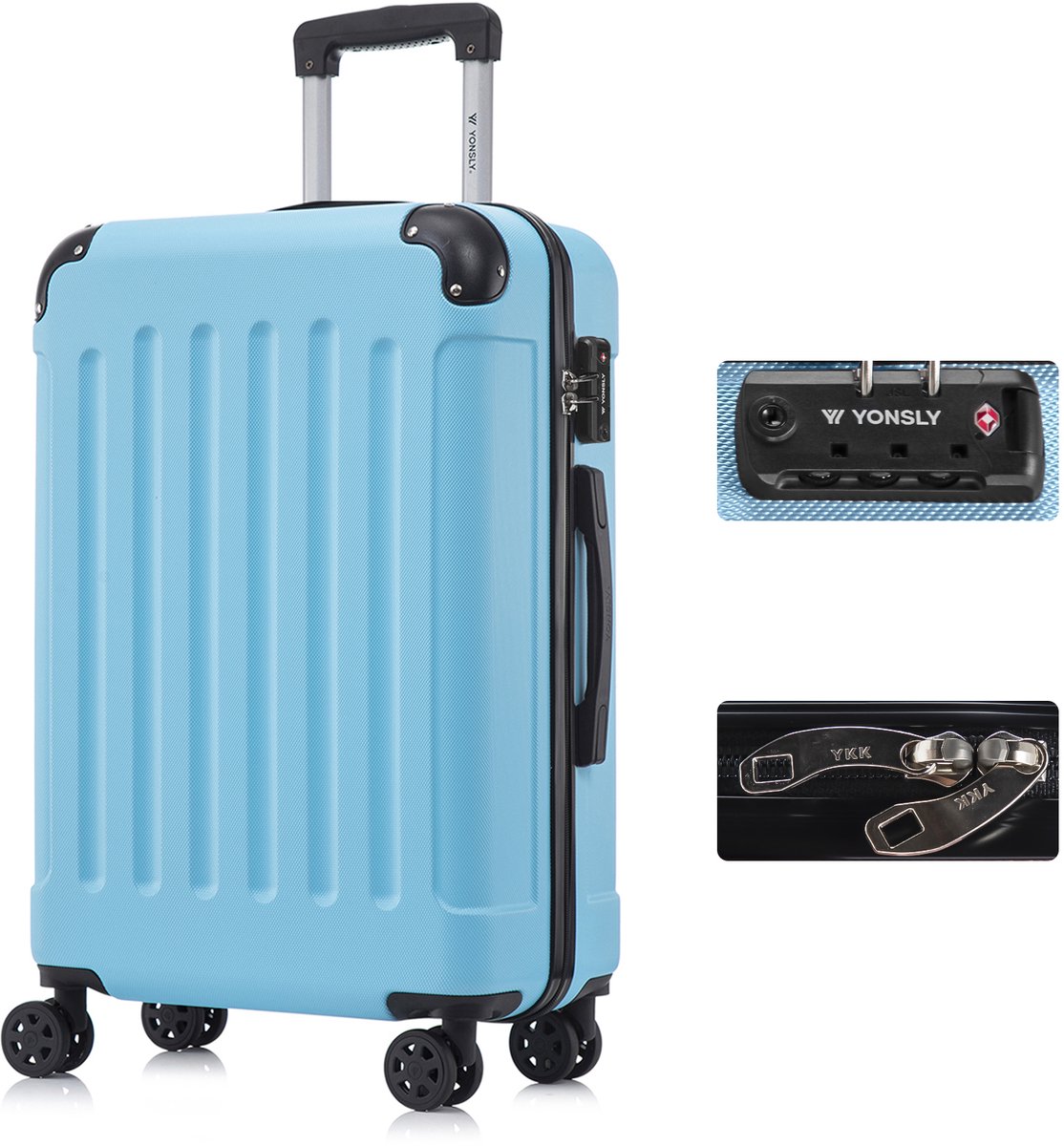 YONSLY Handbagage Koffer - 66cm - 66 L - TSA Slot - 360° Draaibare Wielen - Trolley - Lichtblauw