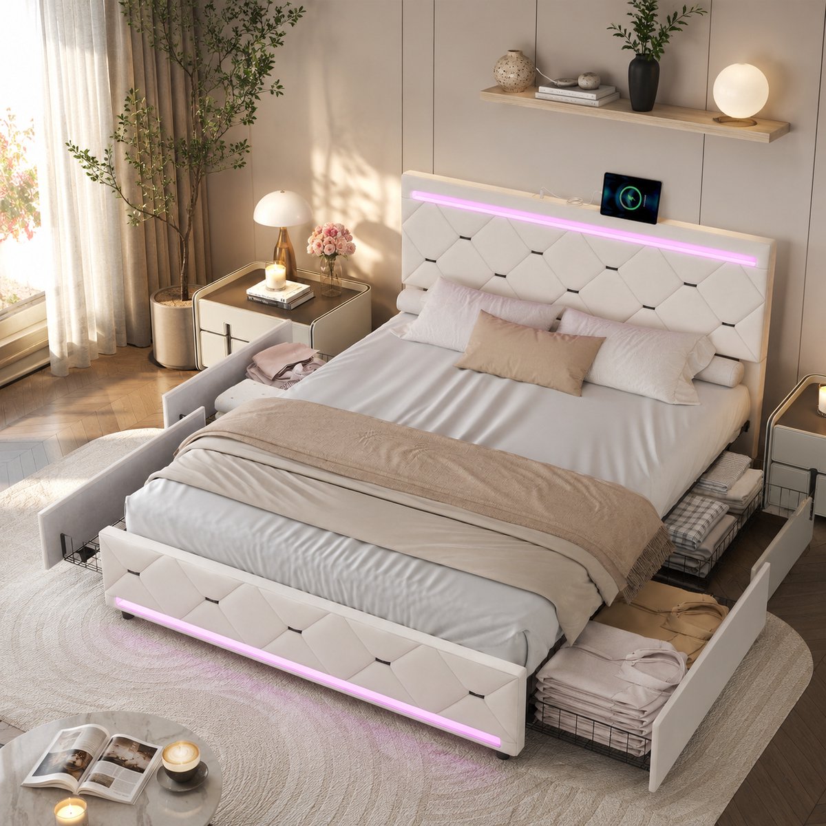 Tweepersoonsbed 160x200 cm met 4 lades , LED-hoofdbord met 2 USB-poorten, bedframe met lattenbodem, gestoffeerd bed, bed voor tieners, Fluweel Beige
