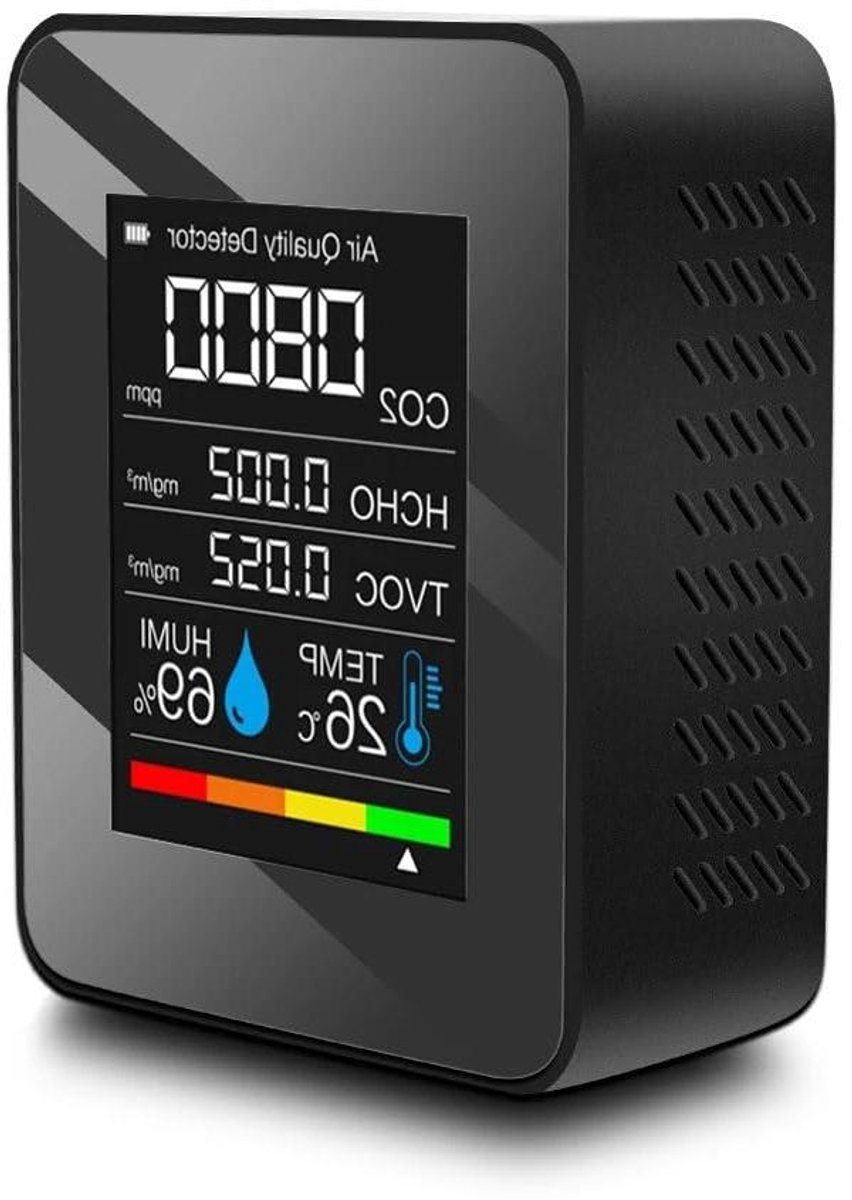 Luchtkwaliteitsmonitor Binnen - Detector CO2 TVOC - Gezonde Lucht Meten - 5-in-1 Metingen - 1200mAh Batterij - Zwart
