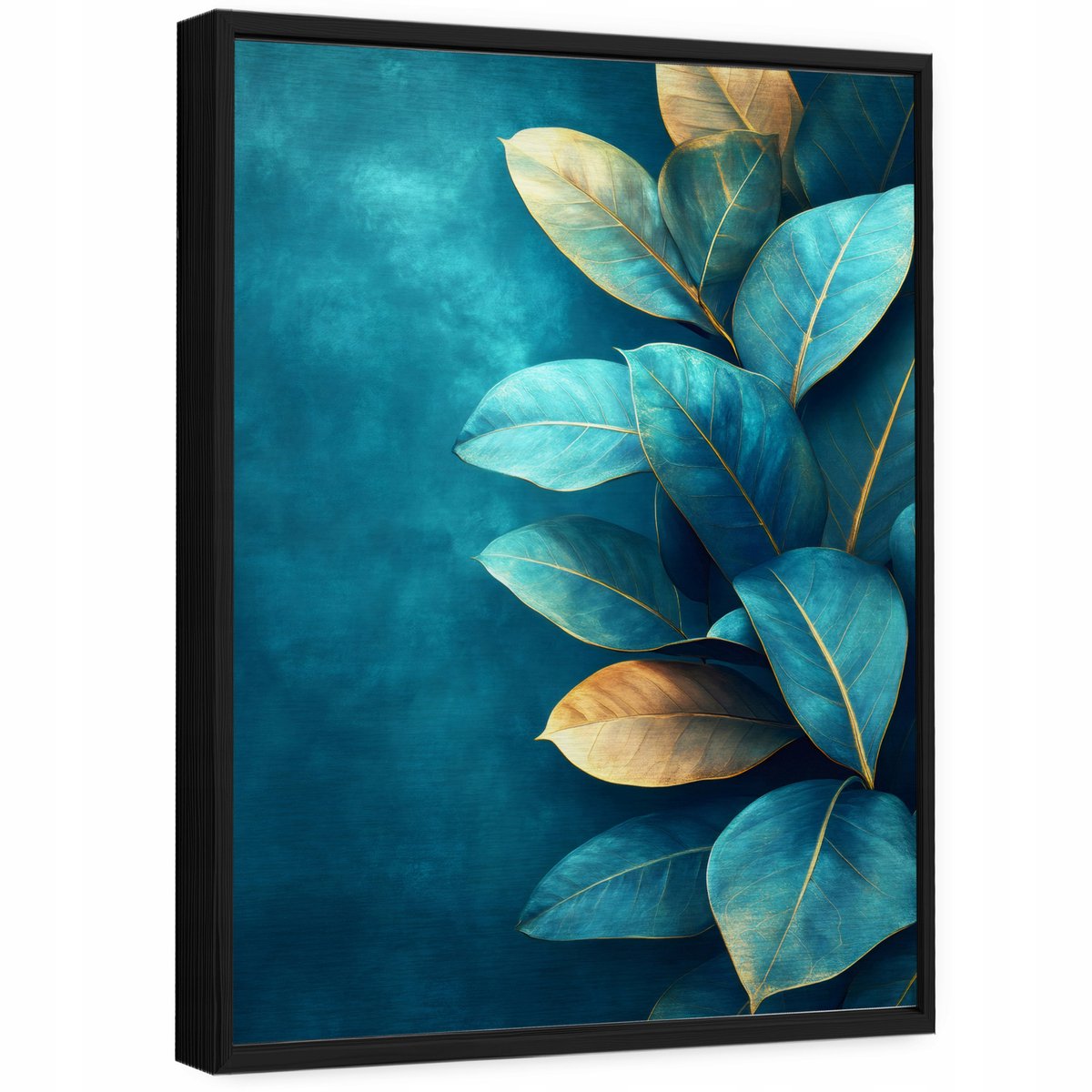 WALLARENA Schilderij op geborsteld aluminium met zwarte lijst 120x80 cm - ficusbladeren op betonlook - wanddecoratie voor woonkamer en slaapkamer Blauw