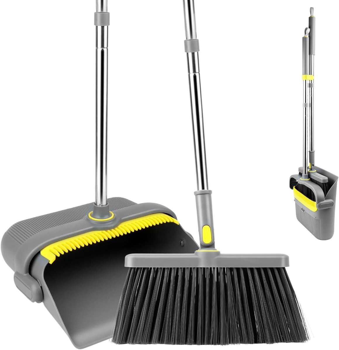 Inklapbare veegset - Broom and dustpan - Efficiënt schoonmaken - 180 graden draaibare kop - Lange steel - Grijs