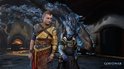 Atreus, gekleed in een geel-bruine tuniek, staat naast een blauwe Fom de speler in de game God of War: Ragnarök.
