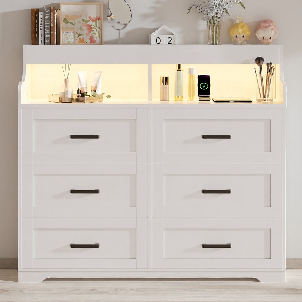 Commode met 6 Lades, LED-Verlichting Slaapkamer, Open Opbergvakken, Houten Commode, Combineert Opberg-, Presentatie Sfeercreatiefuncties