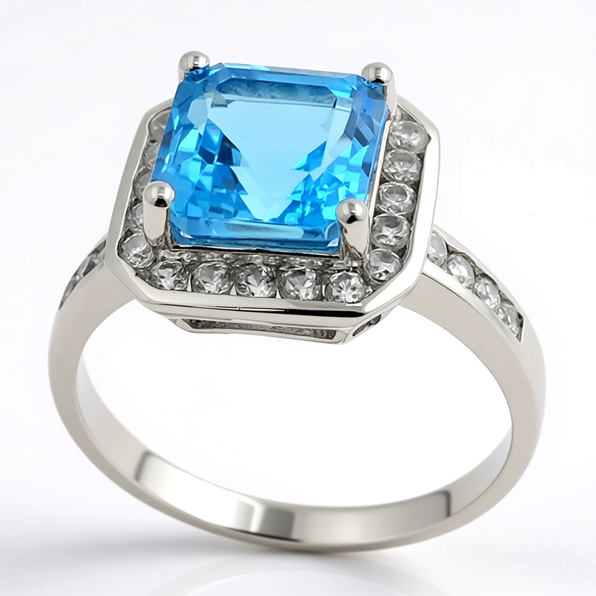 Cavill - Elegante Damesring - 925 Sterling Zilver Gerhodineerd - 2,673ct Achthoekige Marambaia Topaas - 28 Zirkonia Rond Slijpsel - Maat 19