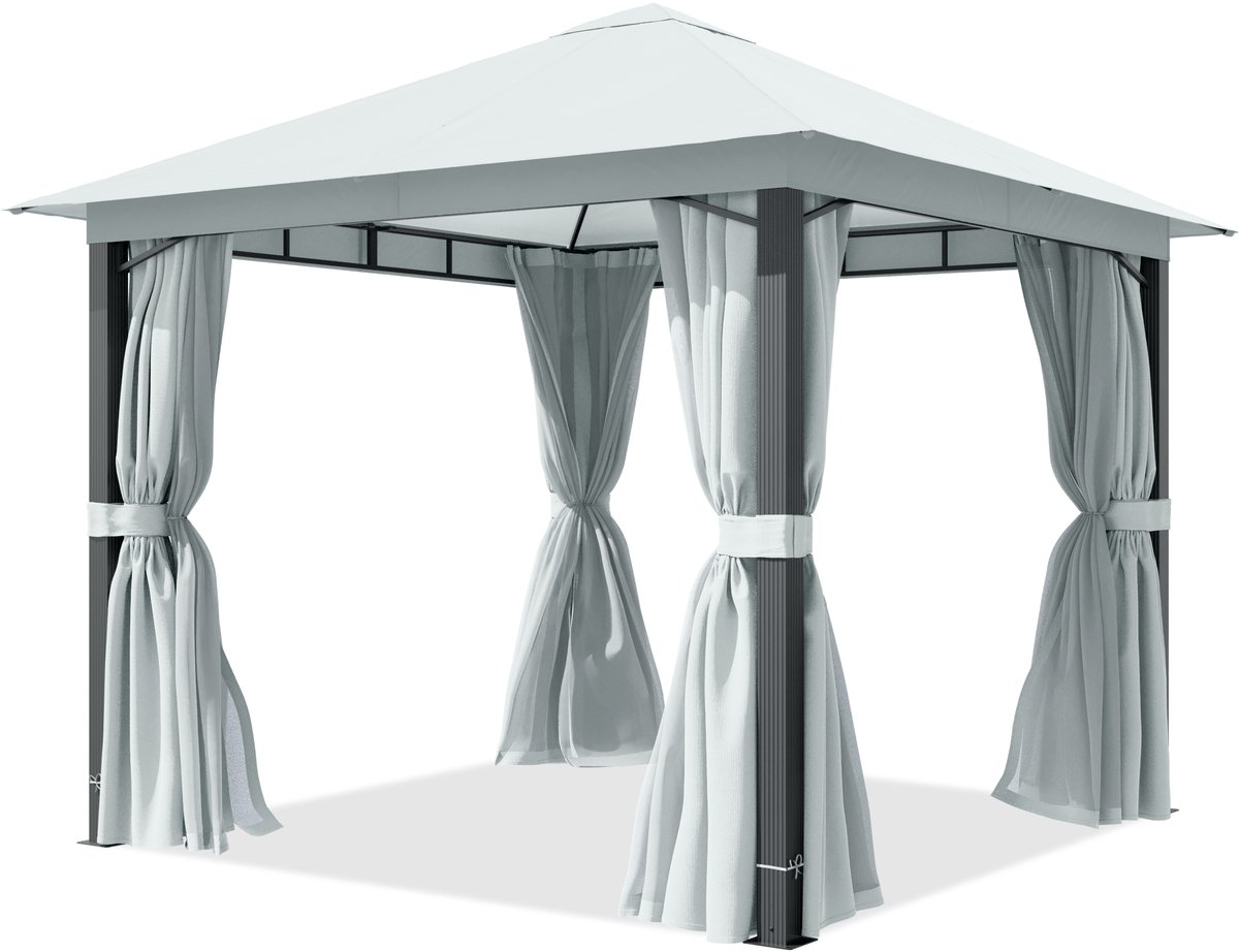 TOOLPORT Tuinpaviljoen 3x3 m, aluminium palen, dakdoek ca. 220 g/m², grijs- met zijwanden en muggennetten