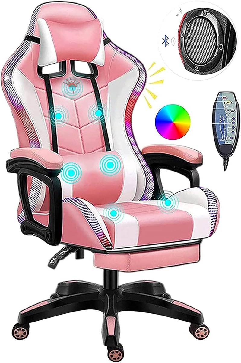 SnelShoppen - Gamingstoel met LED-verlichting, massagefunctie en voetsteun, verstelbare armleuningen, PU-leer, roze, PC-computerstoel voor videogaming