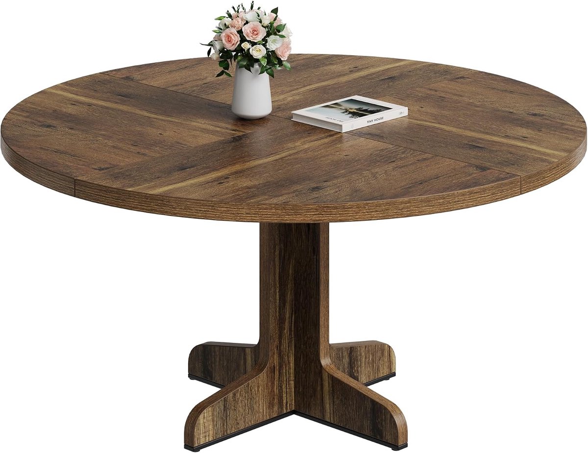 Ronde Eettafel 120 cm - bruin Look - Voor 4 tot 6 Personen - Moderne Keukentafel met Houten Poten - Robuust & Stabiel - 76 cm Hoog