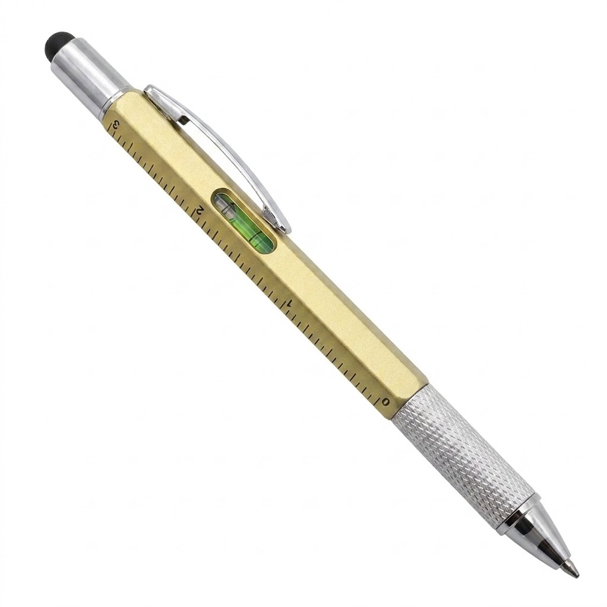 Goudkleurige multipen unisex 6-in-1 multifunctionele tool pen met balpen, touch screen stylus, schroevendraaier, waterpas, liniaal schaal en metalen grip voor kantoor, werkplaats, hobby en dagelijks gebruik