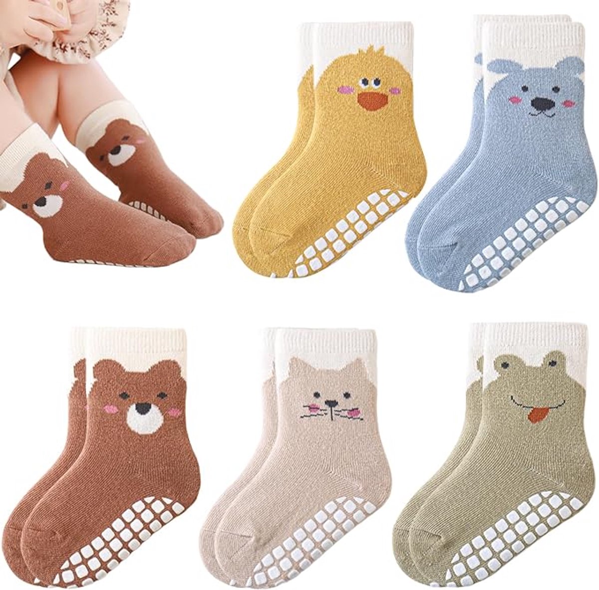 Set van 5 paren midhoog babysokjes met geweven dierenprint maat S voor baby’s 0 tot 1 jaar (zoolengte 10 cm), zacht katoen vloersokjes met vierkant siliconen antislipnopjes