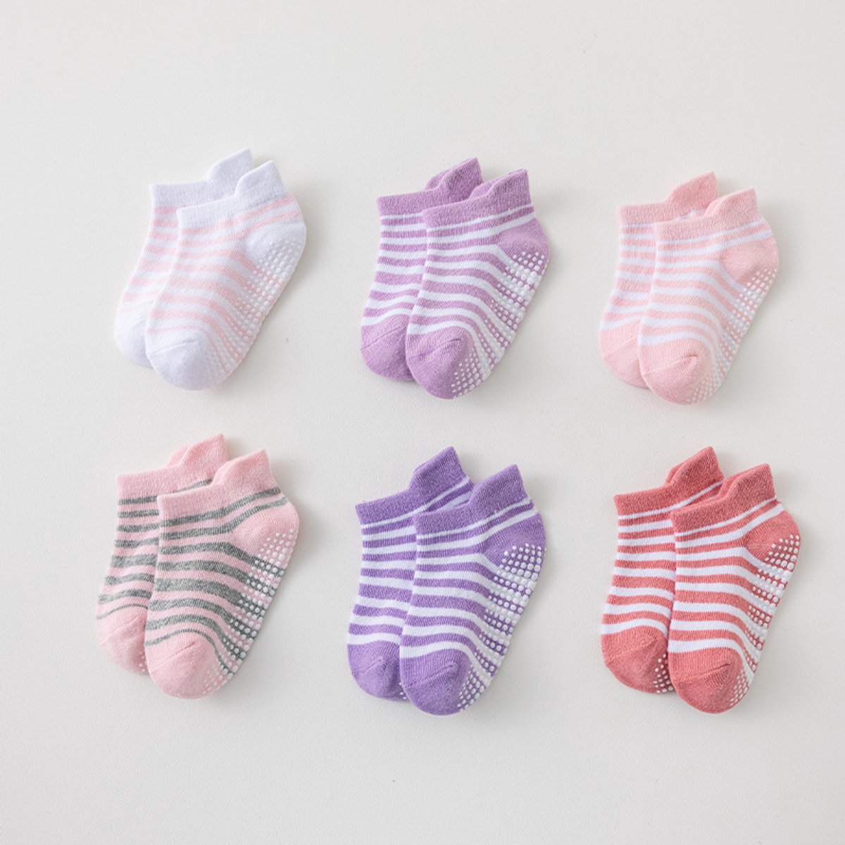 Gestreepte antislip babysokjes set van 6 paren maat S, zacht katoen vloersokjes met siliconen gripzool voor baby’s 0 tot 1 jaar, veilig kruipen en lopen binnenshuis