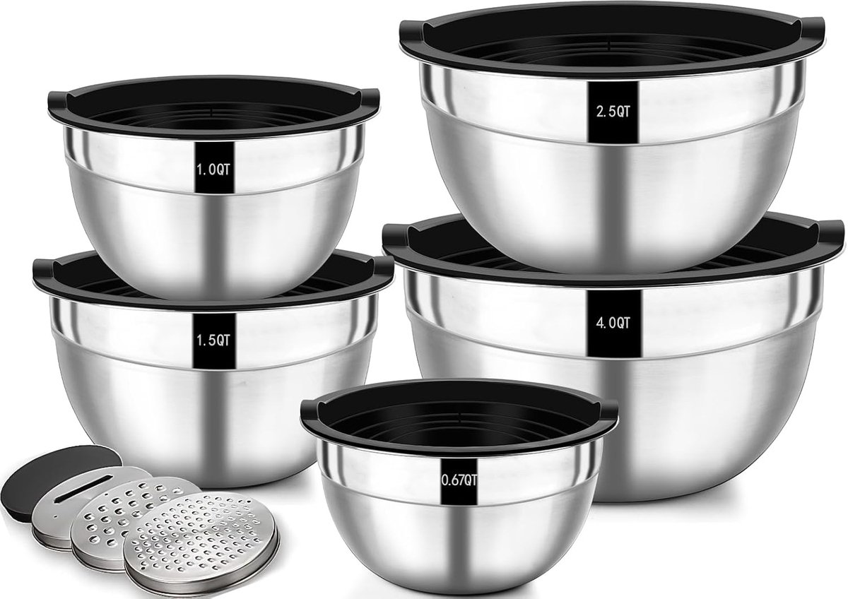 Mengkommen Met Luchtdichte Deksels - Stapelbare Saladeschalen Van Roestvrij Staal - 5 Stuks Mengkom - 4.5L/2.7L/1.6L/1.1L/0.7L