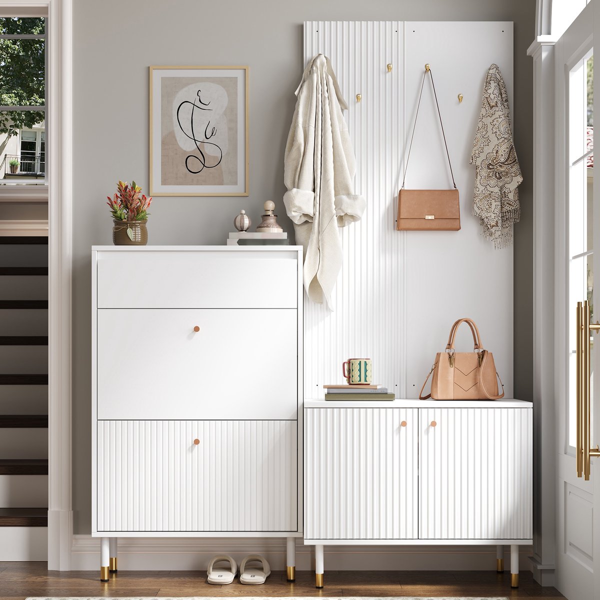 VVBV Halmeubel - 70 x 35 x 180 cm, Wit, Schoenenopberging, voor Hal en Entree