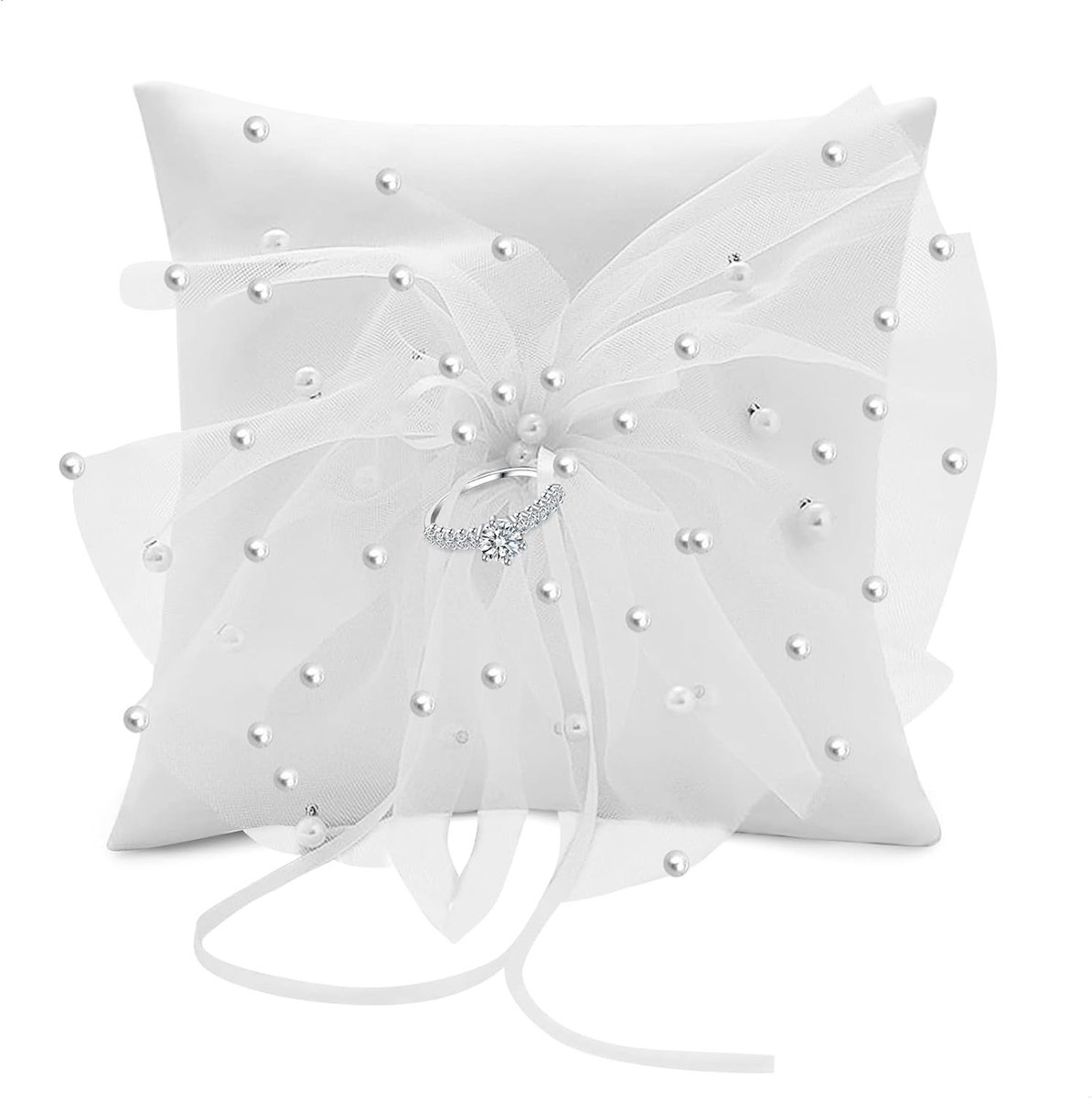 Elegante Ringkussen met Kant en Parels, Decoratieve Ringhouder voor Bruiloften, Verjaardagen en Ceremonies, 15 x 15 cm Draagbare Accessoires