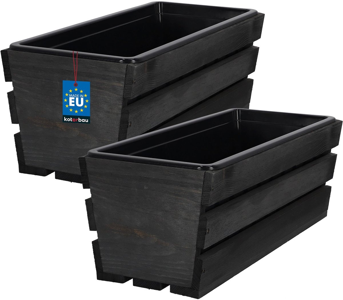 KOTARBAU® 2 Stuks - Houten Plantenbak - Bloembak Hout - met Kunststof Inzetstuk - Balkonbak - 40 x 18 x 15 cm - Antraciet - voor Terras - Balkon - Deko Planten