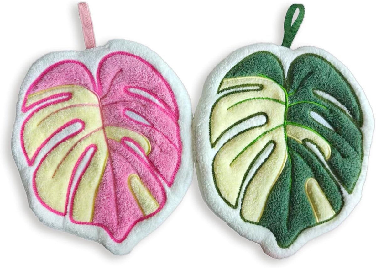 2 Pcs Monstera Deliciosa Towels, Absorbent Soft Hanging Tea Towels for Bathroom and Kitchen, Decorative Swiss Cheese - ShopVlot