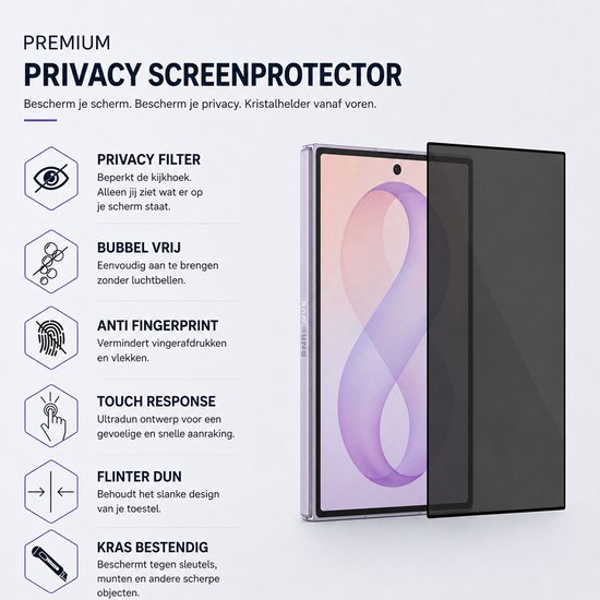 Privacy screenprotector op een telefoon met lila patroon. "Premium Privacy Screenprotector" en functies.