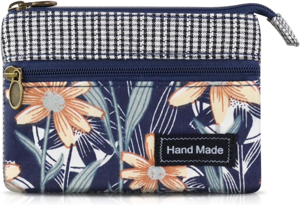 SnelShoppen - Kleine Canvas Handtas voor Vrouwen, 2 Laags Ritsvak, Bohemian Stijl Mini Portemonnee, Voor Munten, Contant Geld en Kaarten, Blauw