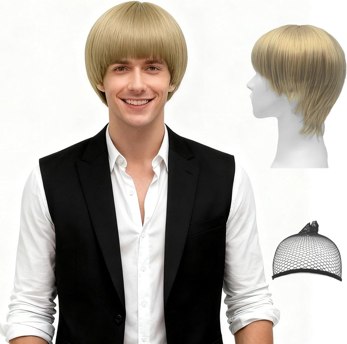 SnelShoppen - Korte Blonde Mannen Bob Perucque met Band, Mushroom Blonde Feestperucque voor Mannen, Bowl Cut Halloween Grappige Nerd Perucque, Synthet