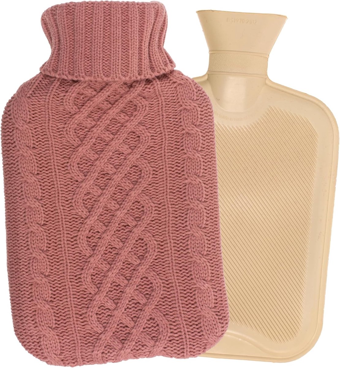 SnelShoppen - Warmwaterkruik 1,7 liter met gebreide overtrek, oudroze, vlechtpatroon, herbruikbaar en veilig, ideale warmtedispenser voor koude dagen